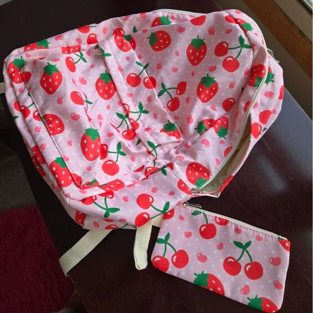 Strawberry & Cherry Print Backpack Set